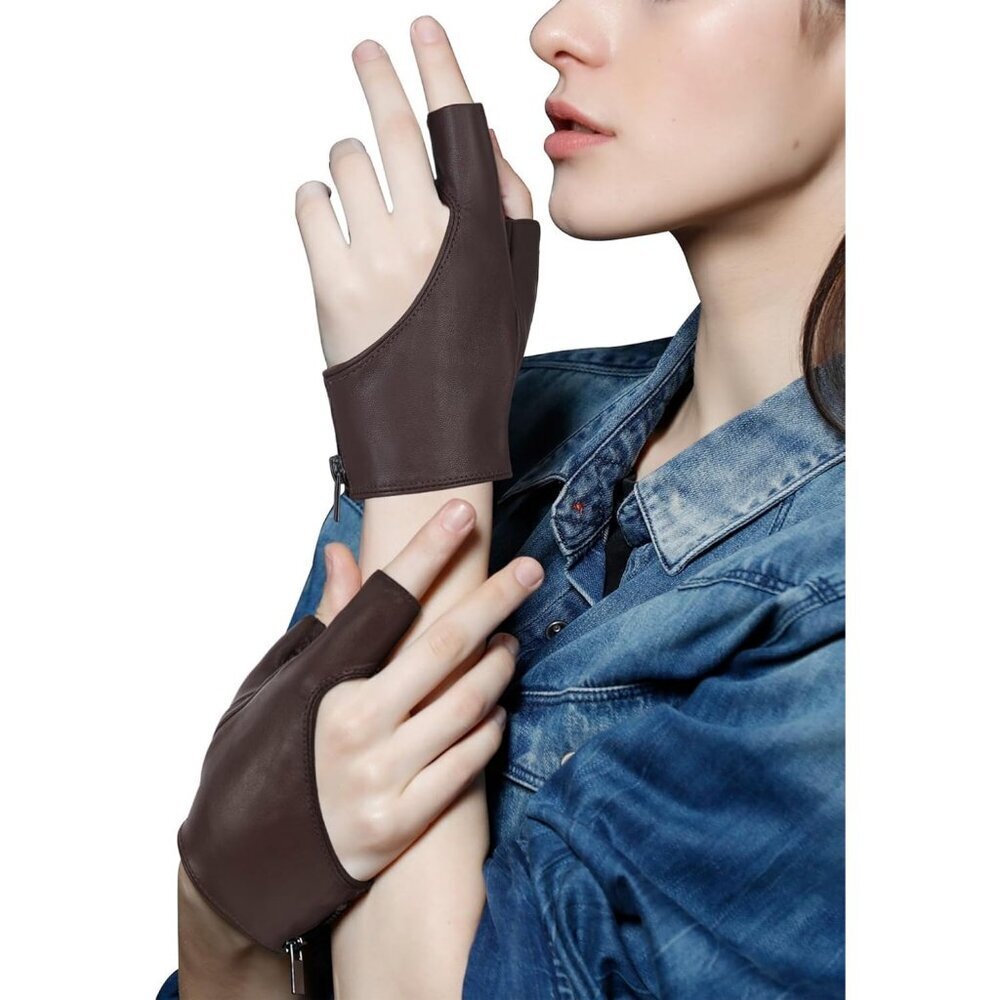 Women's Brown Fingerless Leather Driving Half Finger Gloves Halloween Design